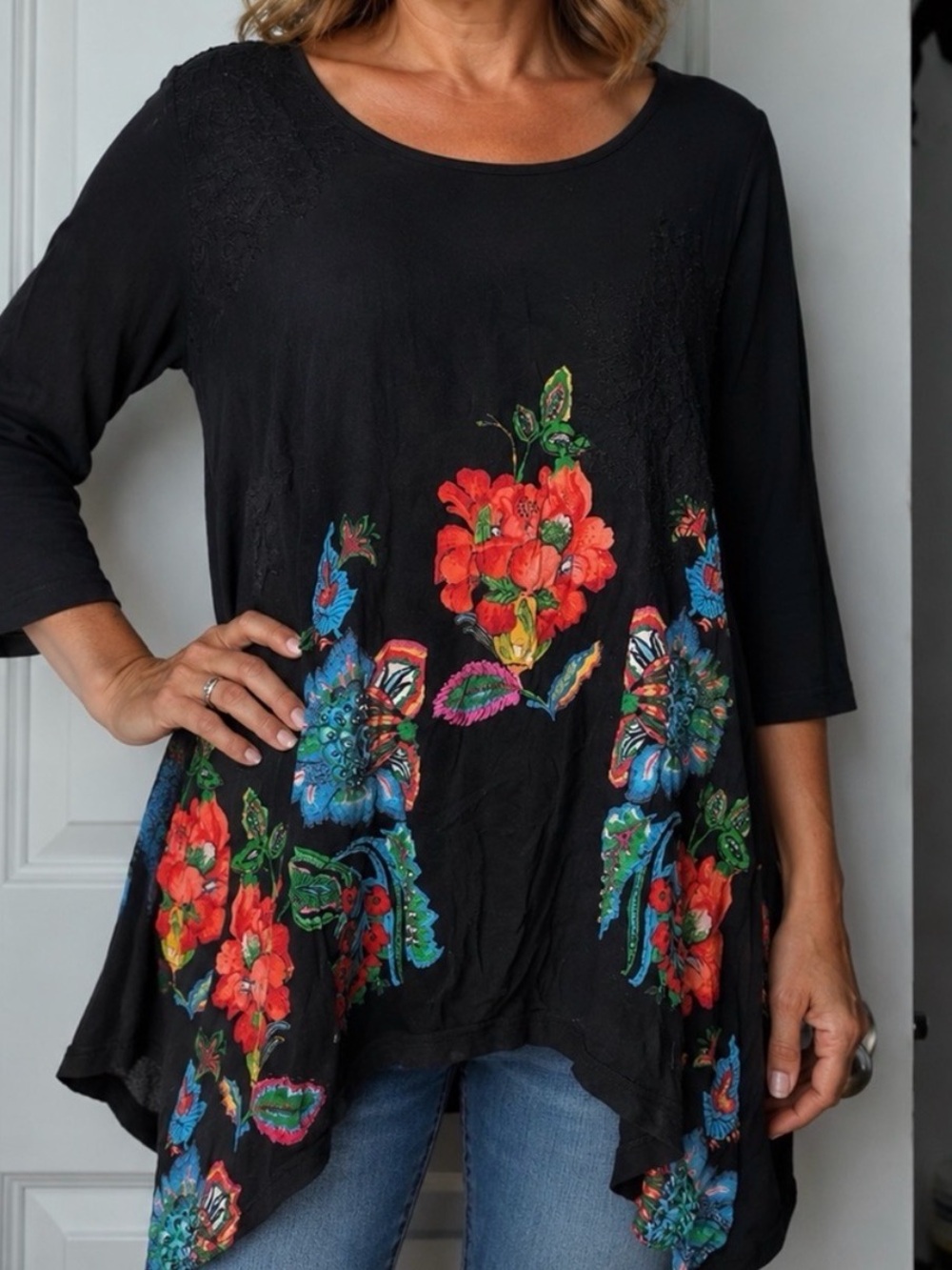 Desigual Black Floral Scoop-Neck Tunic Top Boho Tunic Lg